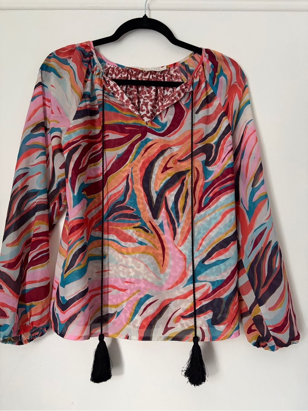 Marie Oliver Women’s Blouse Boho Peasant Abstract Zebra Cheetah Colorful Sz XS